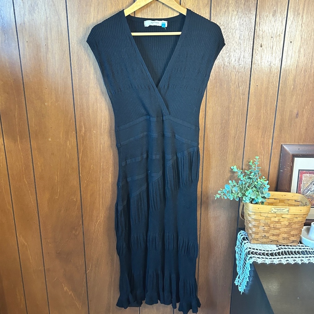 Sparrow Black‎ Dress Ribbed Knit Sleeveless V Neck Midi Cotton Blend Large